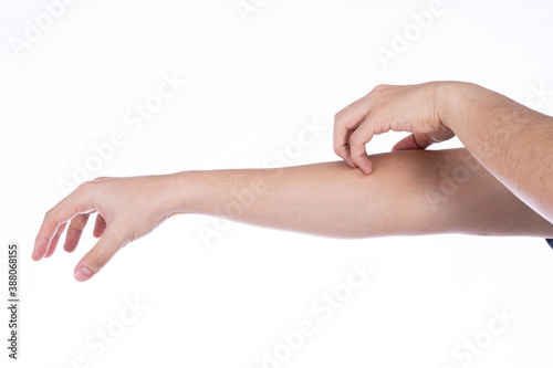 Man hand scratching his hand isolated white background. Medical, healthcare for advertising concept. photo