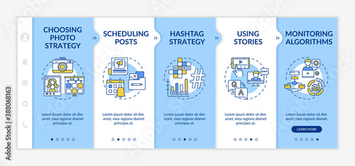 Becoming nanoinfluencer recommendations onboarding vector template. Choosing photo strategy. Using stories. Responsive mobile website with icons. Webpage walkthrough step screens. RGB color concept