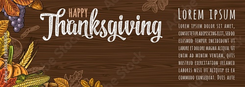 Poster with Happy Thanksgiving day calligraphy lettering. Vector engraving