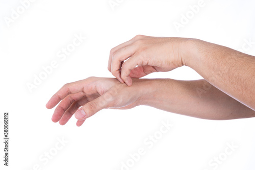 Man hand scratching his hand isolated white background. Medical, healthcare for advertising concept. photo