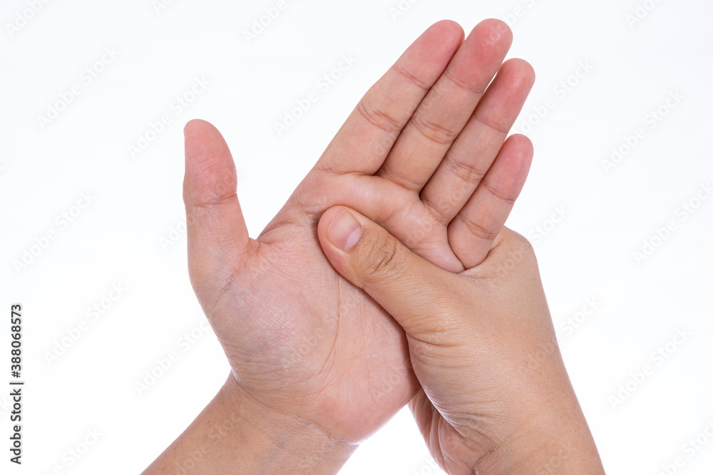 Man hand massaging her hand isolated white background. Medical, healthcare for advertising concept. Man hand massaging her hand isolated white background. Medical, healthcare for advertising concept.