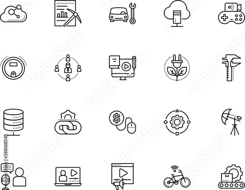 technology vector icon set such as: housework, monochrome, ecology, rule, streaming, efficacy, analysis, power, housekeeping, operational, metal, strategy, mechanic, automatic, backup, nature