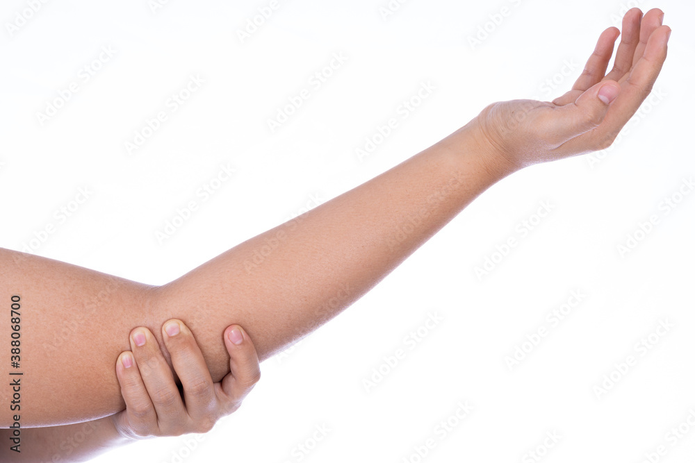 Woman hand holding her elbow isolated white background. Medical, healthcare for advertising concept.