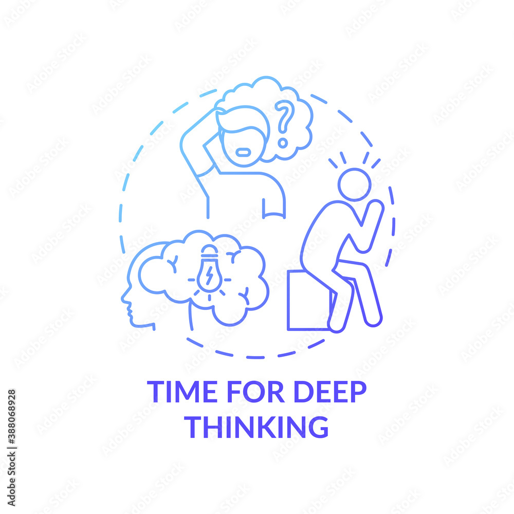 Time for deep thinking concept icon. Me time benefits. Inside your mind thoughts analysing process. Mental health upgrading idea thin line illustration. Vector isolated outline RGB color drawing Time for deep thinking concept icon. Me time benefits. Inside your mind thoughts analysing process. Mental health upgrading idea thin line illustration. Vector isolated outline RGB color drawing