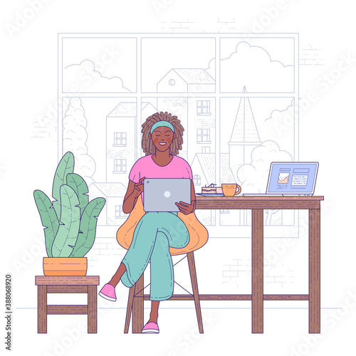 African american freelancer woman work from home vector flat illustration. Black skin female hold working with laptop online.Modern girl relaxing at kitchen surfing internet