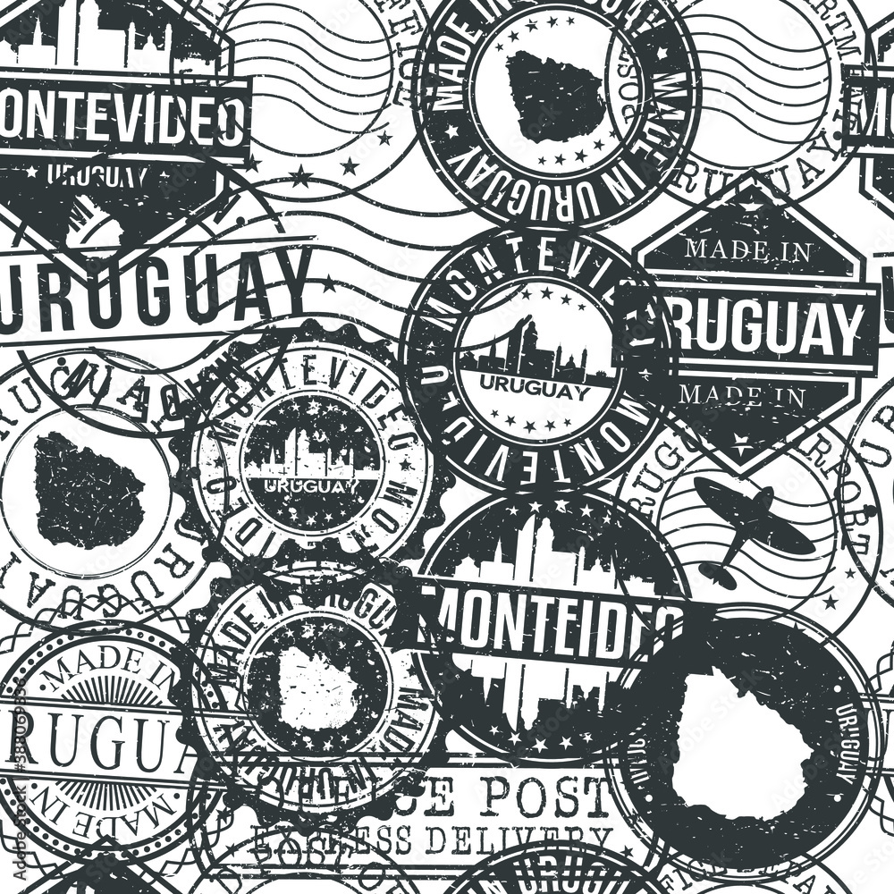 Montevideo Uruguay Stamps Background. City Stamp Vector Art. Postal Passport Travel. Design Set Pattern.