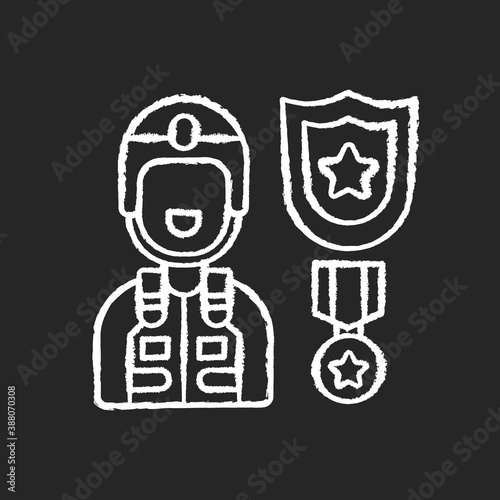 Defence industry chalk white icon on black background. Military officer. Armed forces. Weapons and military technology. Veteran. Protective equipment. Isolated vector chalkboard illustration