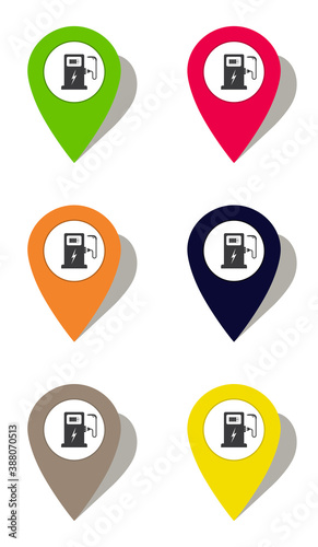 Icon of electric charge station for car. Pointer with sign of ev, petrol, gas for map or location. Charger for vehicle battery. Call electrocar. Zero emission in environment. Symbol for auto. Vector