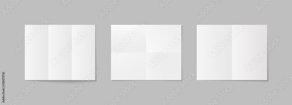 Paper mockup with folds. Poster a4 isolated with shadow. White horizontal sheets mock up. Set of blank realistic templates for brochure, magazine, booklet and card. Crease on sheets. Vector Paper mockup with folds. Poster a4 isolated with shadow. White horizontal sheets mock up. Set of blank realistic templates for brochure, magazine, booklet and card. Crease on sheets. Vector