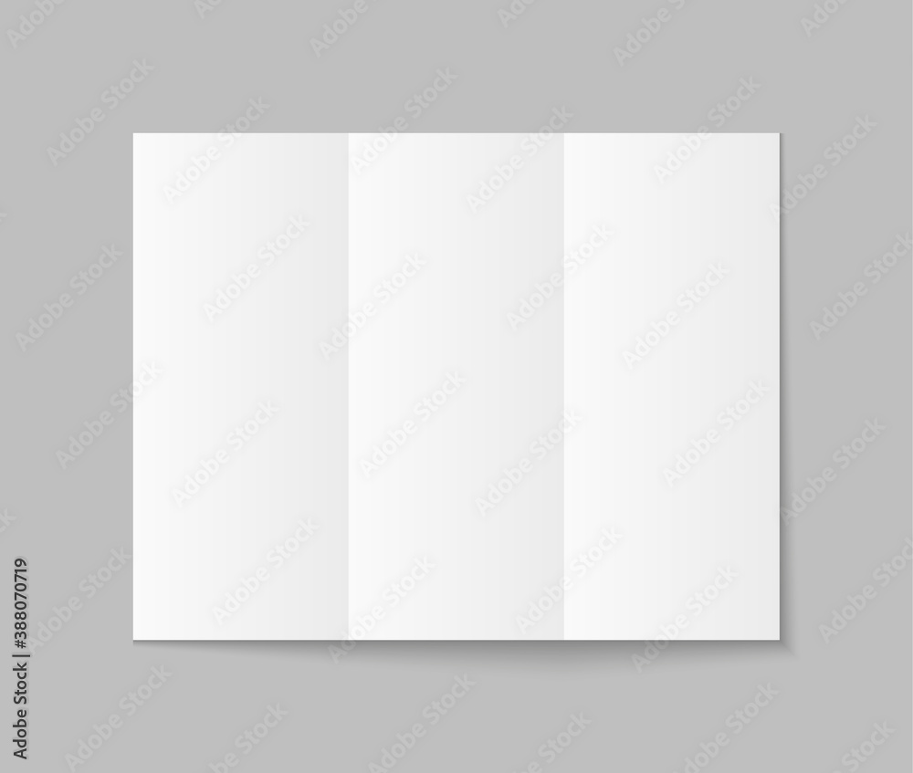 Brochure mockup with trifold. Paper leaflet with fold. Blank white flyer with shadow. Template for a4 booklet. Mock up of card. Open magazine or catalog with tri page. Cover of pamphlet. Vector Brochure mockup with trifold. Paper leaflet with fold. Blank white flyer with shadow. Template for a4 booklet. Mock up of card. Open magazine or catalog with tri page. Cover of pamphlet. Vector