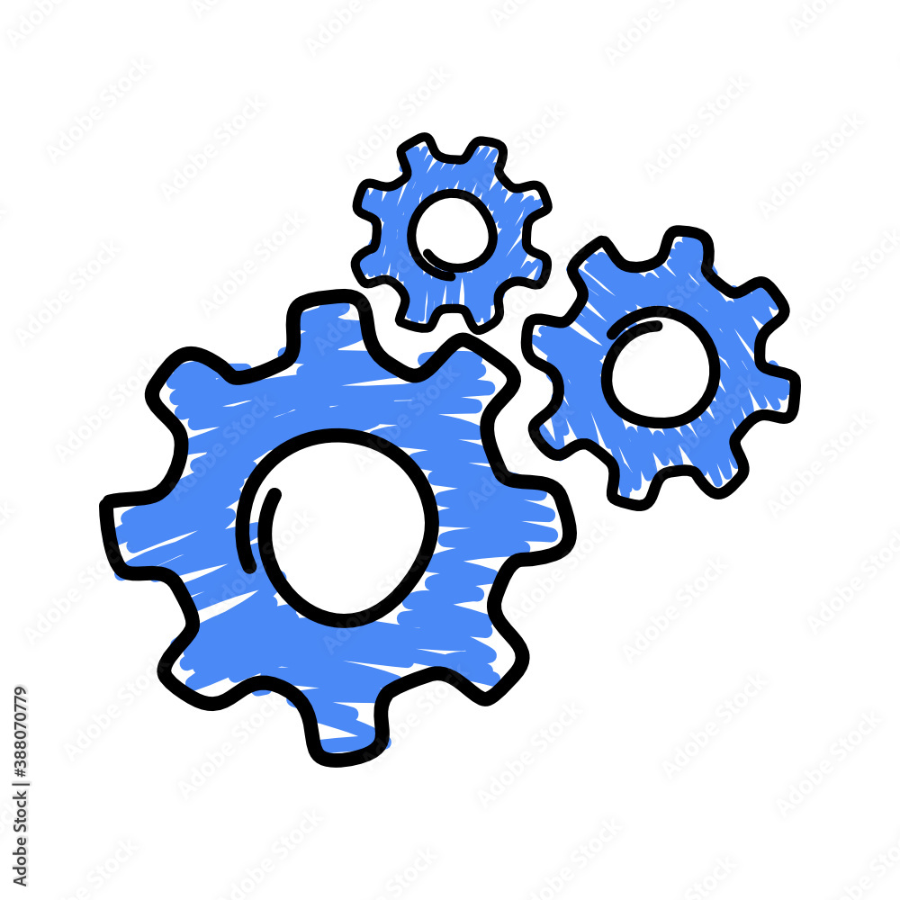 Blue hand draw wheels icon. Machine gears symbols Blue hand draw wheels icon. Machine gears symbols
