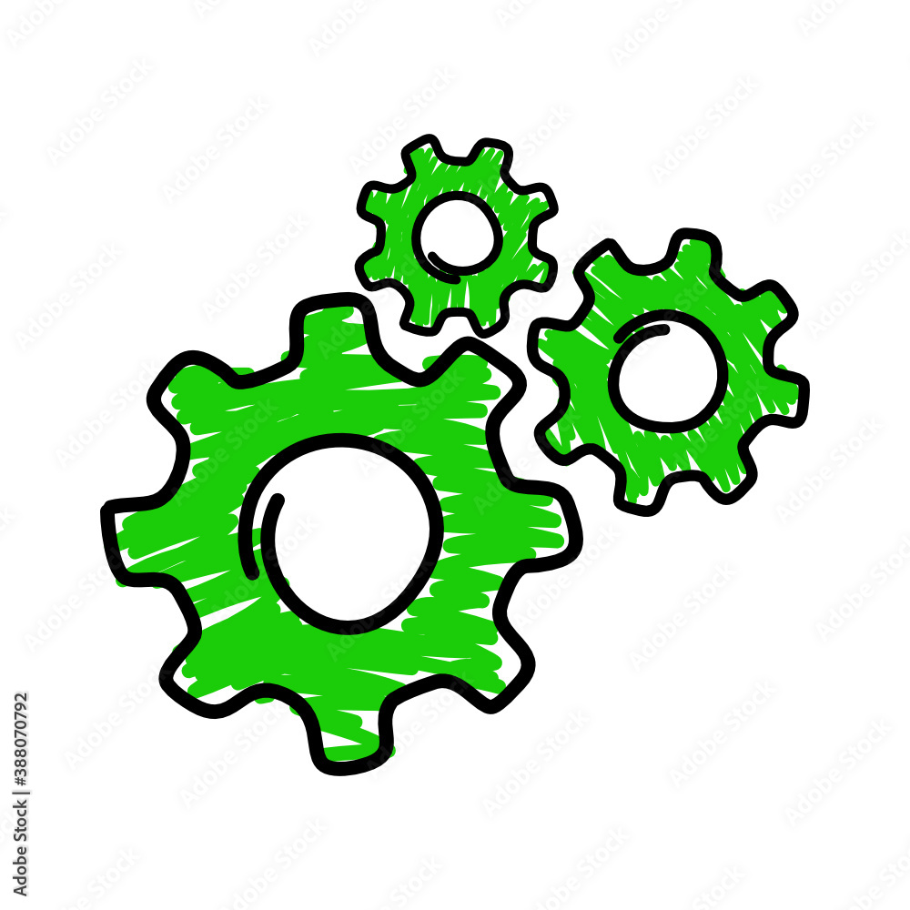 Green hand draw wheels icon. Machine gears symbols Green hand draw wheels icon. Machine gears symbols