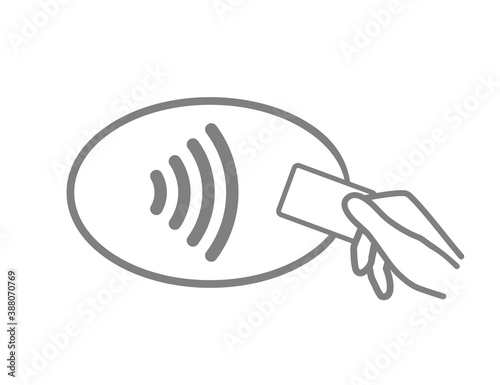 Icon pay. Contactless payment logo. Tap of card for cashless. Symbol of nfc. Wave pass to terminal from card in hand. Wireless reader on pos terminal. Chip in credit card for paypass. Vector