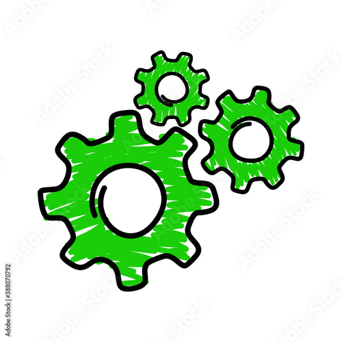 Green hand draw wheels icon. Machine gears symbols