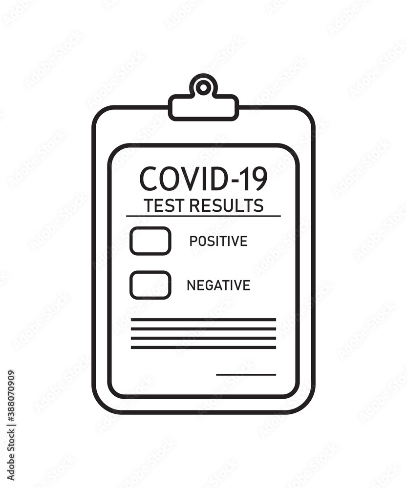 Form of covid report. Icon of medical test of covid 19. Outline clipboard of health insurance. Pad of registration coronavirus. Checklist with clip for record diagnostic result. Graphic icon. Vector Form of covid report. Icon of medical test of covid 19. Outline clipboard of health insurance. Pad of registration coronavirus. Checklist with clip for record diagnostic result. Graphic icon. Vector