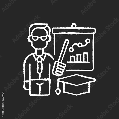 Educators chalk white icon on black background. Essential workers. Teachers. Educational institutions. Professors. Specialist in educational theory. Isolated vector chalkboard illustration