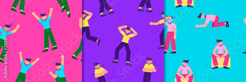 Emotions characters seamless pattern. Smiling red male yellow human distressed and embittered by problems sitting in sorrow on blue background angry purplevector expressions.
