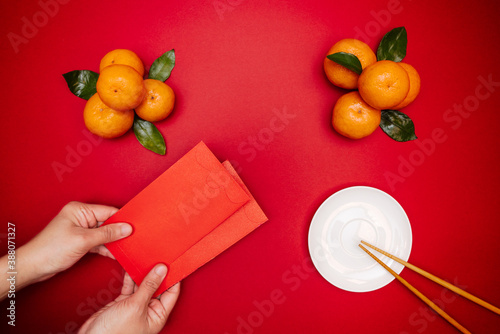 Photography Flat lay Chinese lunar new year traditional food and offering re
