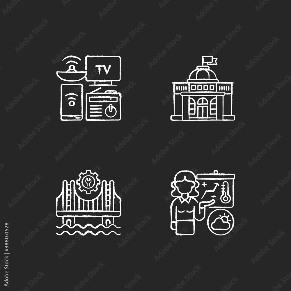 Core services chalk white icons set on black background. Electronic devices. Political power. Construction. Weather forecasters. Modern gadgets. Government. Isolated vector chalkboard illustrations