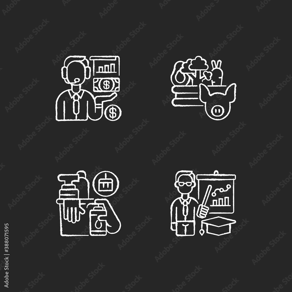 Basic public needs chalk white icons set on black background. Economic activity. Agribusiness. Hygiene products. Teachers. Financial operations. Isolated vector chalkboard illustrations Basic public needs chalk white icons set on black background. Economic activity. Agribusiness. Hygiene products. Teachers. Financial operations. Isolated vector chalkboard illustrations