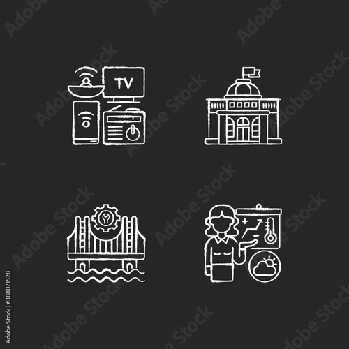 Core services chalk white icons set on black background. Electronic devices. Political power. Construction. Weather forecasters. Modern gadgets. Government. Isolated vector chalkboard illustrations
