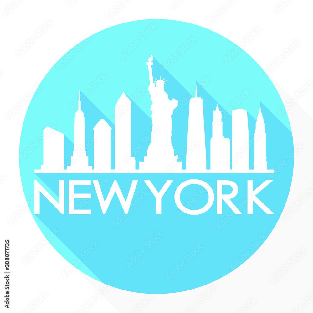 New York Skyline Button Icon Round Flat Vector Art Design Color Background.