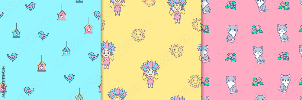 Kids summer sketches seamless pattern. Blue bird with pink birdhouse with heart Indian girl with purple green headdress and joyful yellow sun cute kitten with red vector roses. Kids summer sketches seamless pattern. Blue bird with pink birdhouse with heart Indian girl with purple green headdress and joyful yellow sun cute kitten with red vector roses.