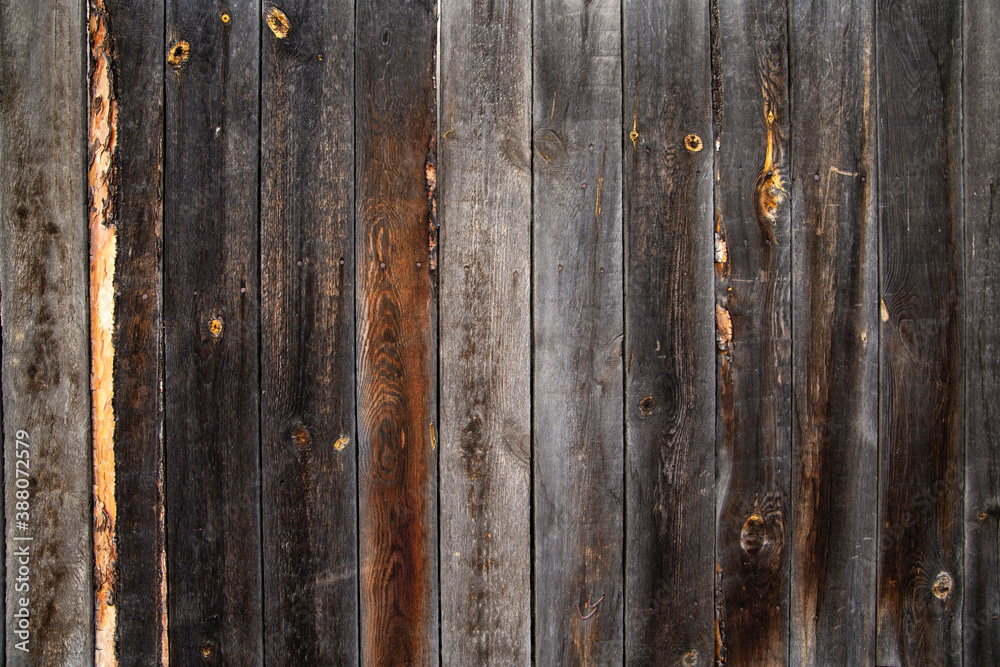 Wooden background from vertically arranged old dark planks, wood texture with copy space.