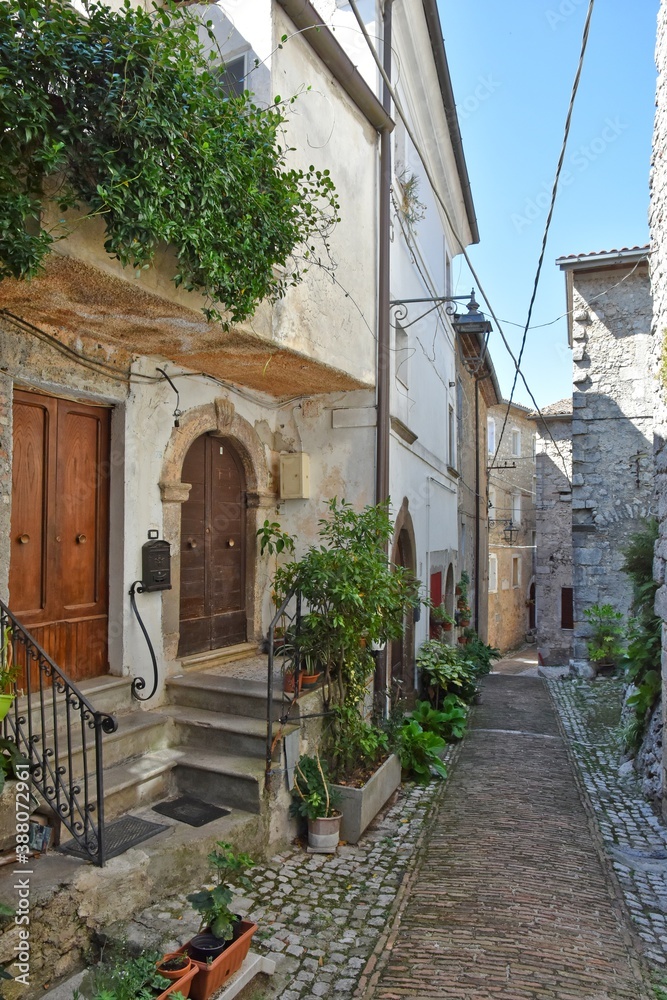 Fototapeta premium A narrow street among the old stone houses of Castro dei Volsci, a medieval village in the province of Frosinone in Italy.