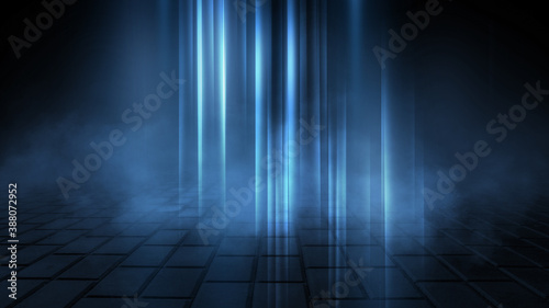 Dark abstract background. Empty dark street background at night. Spotlight reflects on the asphalt, blurry night lights. Smoke, fog. 