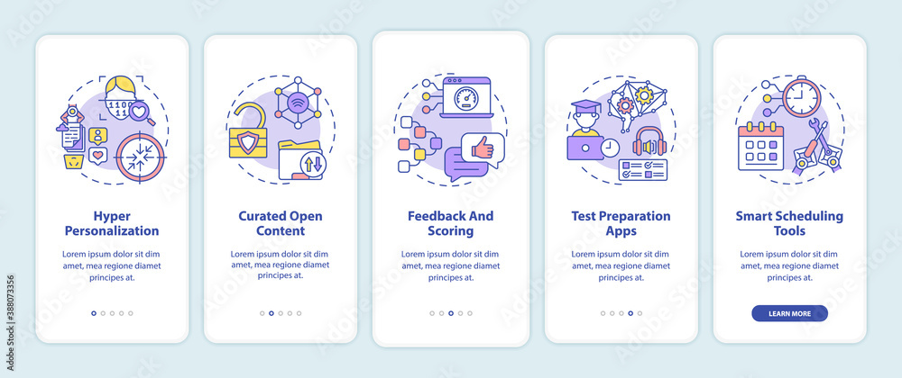 AI in education onboarding mobile app page screen with concepts. Hyper personalization future technologies walkthrough 5 steps graphic instructions. UI vector template with RGB color illustrations