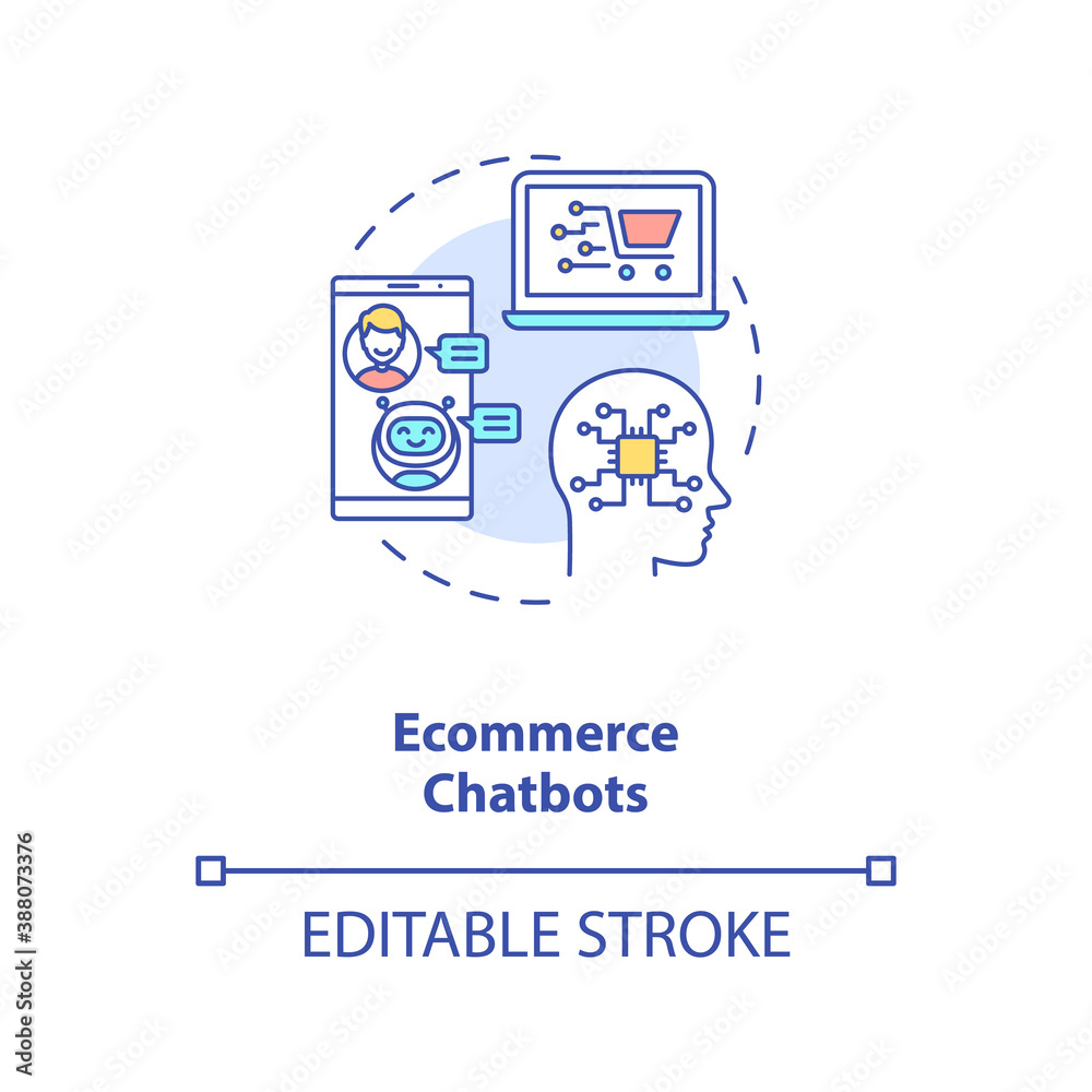 Ecommerce chatbots concept icon. Business inovational ideas. Smart selling field. AI application idea thin line illustration. Vector isolated outline RGB color drawing. Editable stroke