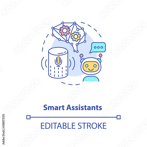 Smart assistants concept icon. Futuristic everyday helper device. Artificial brain. AI application idea thin line illustration. Vector isolated outline RGB color drawing. Editable stroke