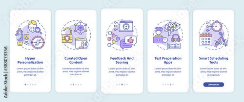 AI in education onboarding mobile app page screen with concepts. Hyper personalization future technologies walkthrough 5 steps graphic instructions. UI vector template with RGB color illustrations