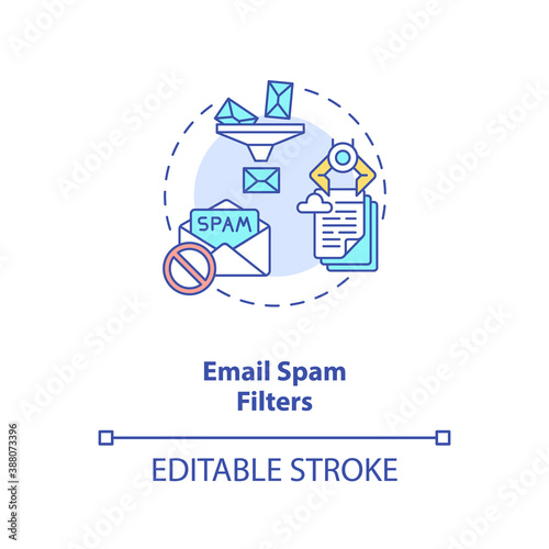 Email spam filters concept icon. Smart filtering technologies. Cyberspace safety. AI application idea thin line illustration. Vector isolated outline RGB color drawing. Editable stroke