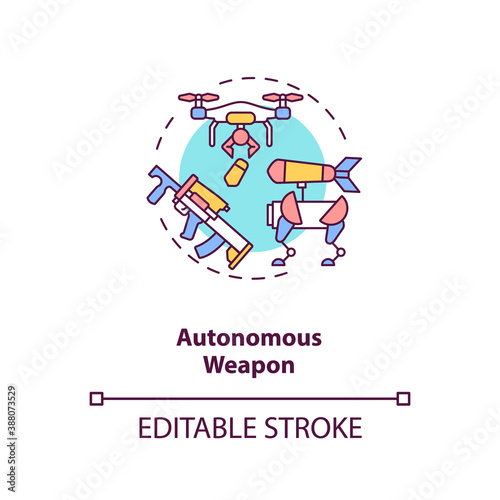 Autonomous weapon concept icon. Future army technologies. Dangerous for life devices. AI threats idea thin line illustration. Vector isolated outline RGB color drawing. Editable stroke