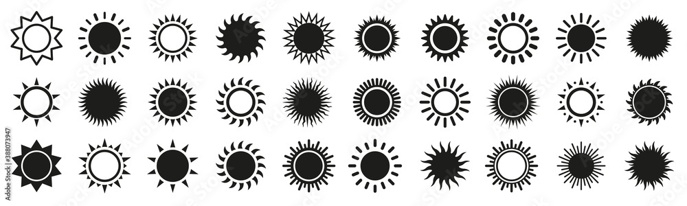 Sun and sunburst icons isolated set on white Sun and sunburst icons isolated set on white