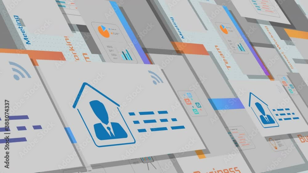 concept of smart working and teamwork, icons of business people, charts and reports scrolling on the screen, seamless loop (3d render) concept of smart working and teamwork, icons of business people, charts and reports scrolling on the screen, seamless loop (3d render)