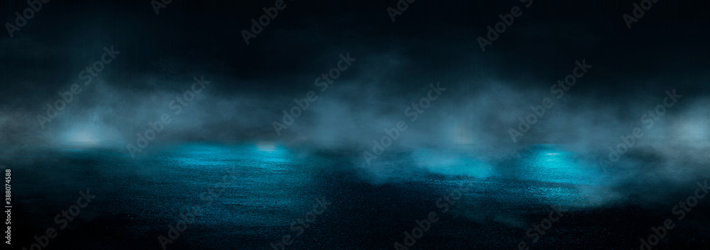 Dark abstract background. Empty dark street background at night. Spotlight reflects on the asphalt, blurry night lights. Smoke, fog. 