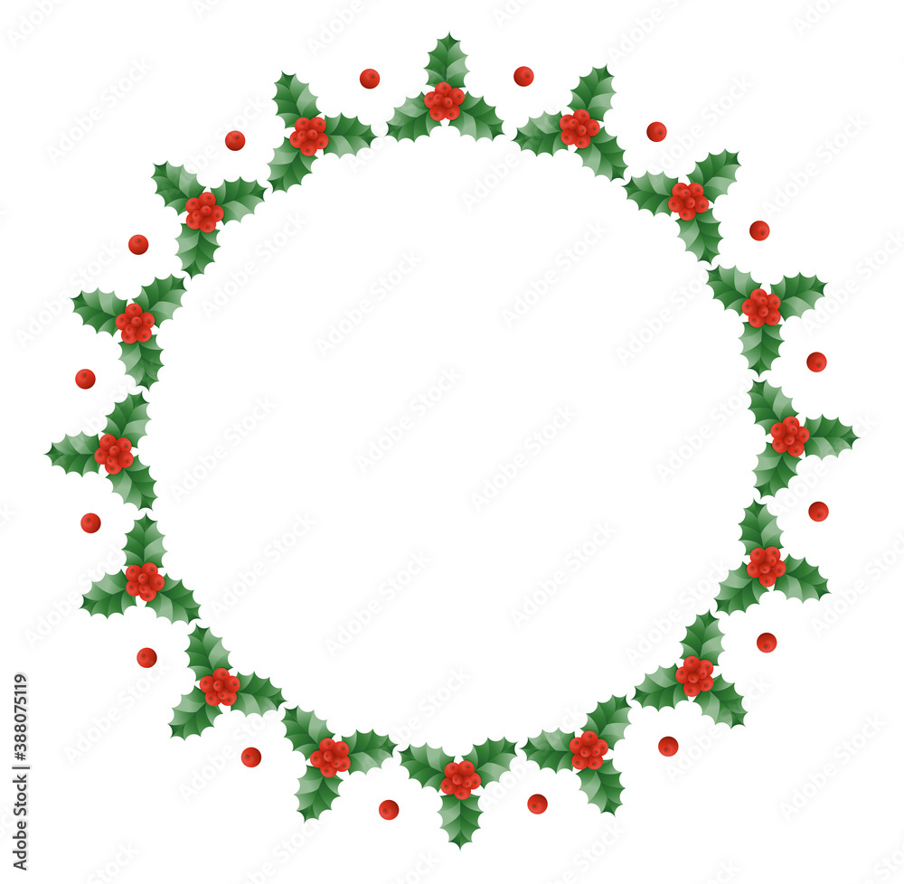  Holly Christmas border with green leaves and red berries. Christmas frame with holly. Vector illustration.
