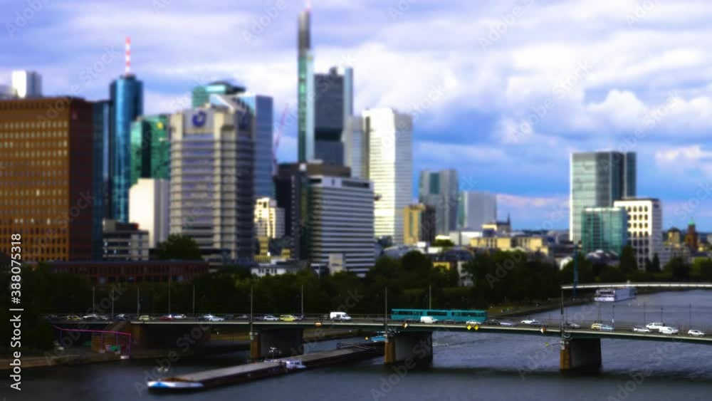 Tilt shift recording from Frankfurt and the river main with bridge, cars and boat. Tilt shift recording from Frankfurt and the river main with bridge, cars and boat.