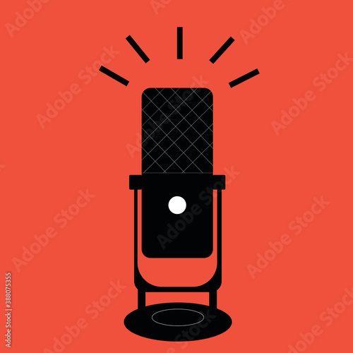 Banner illustration of recording podcast and radio broadcast on a red background. Vector illustration of a microphone.