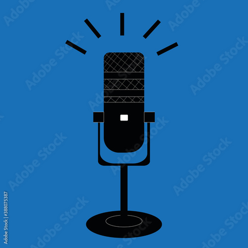 Black microphone silhouette on blue background.Vector illustration on the theme of podcast and radio.