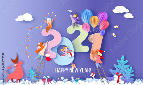 2021 New Year design card with kids on blue winter background
