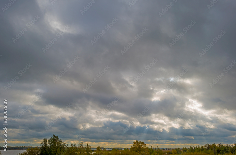 The edge of a lake in autumn colors under a cloudy sky at fall, Almere, Flevoland, The Netherlands, October 26, 2020 The edge of a lake in autumn colors under a cloudy sky at fall, Almere, Flevoland, The Netherlands, October 26, 2020