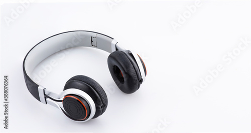 Close up of headphones on white background with copy space
