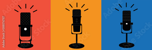 Vector set of three microphone banners. Podcast and radio theme.