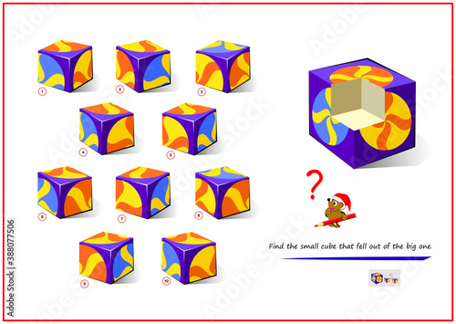 Logic puzzle game for smartest. Find the small cube that fell out of the big one. Printable page for brain teaser book. Developing 3D spatial thinking skills. IQ test. Memory training for seniors.