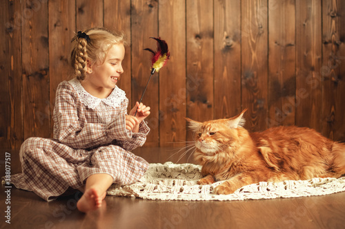 Child girl sitting on the floor and playing with a big ginger cat