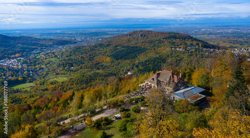 View of the Merkur restaurant and the Rhine Valley near Baden Baden, Baden Wuerttemberg, Germany photo